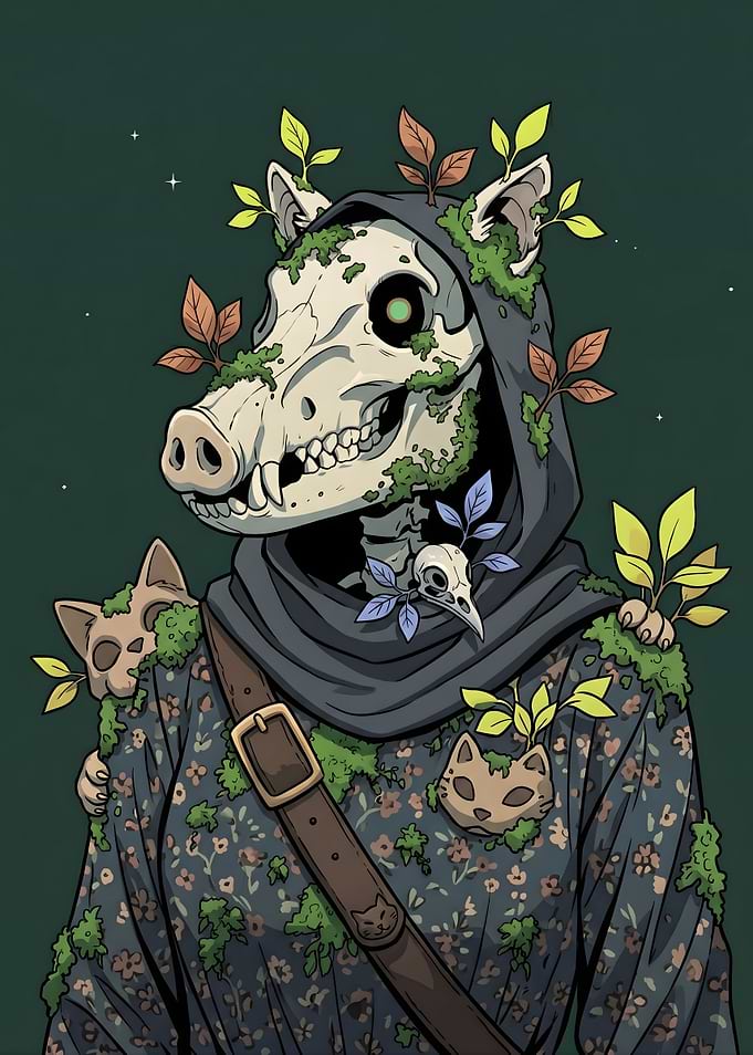 Skeleton Pig with Plants and Cat Skulls