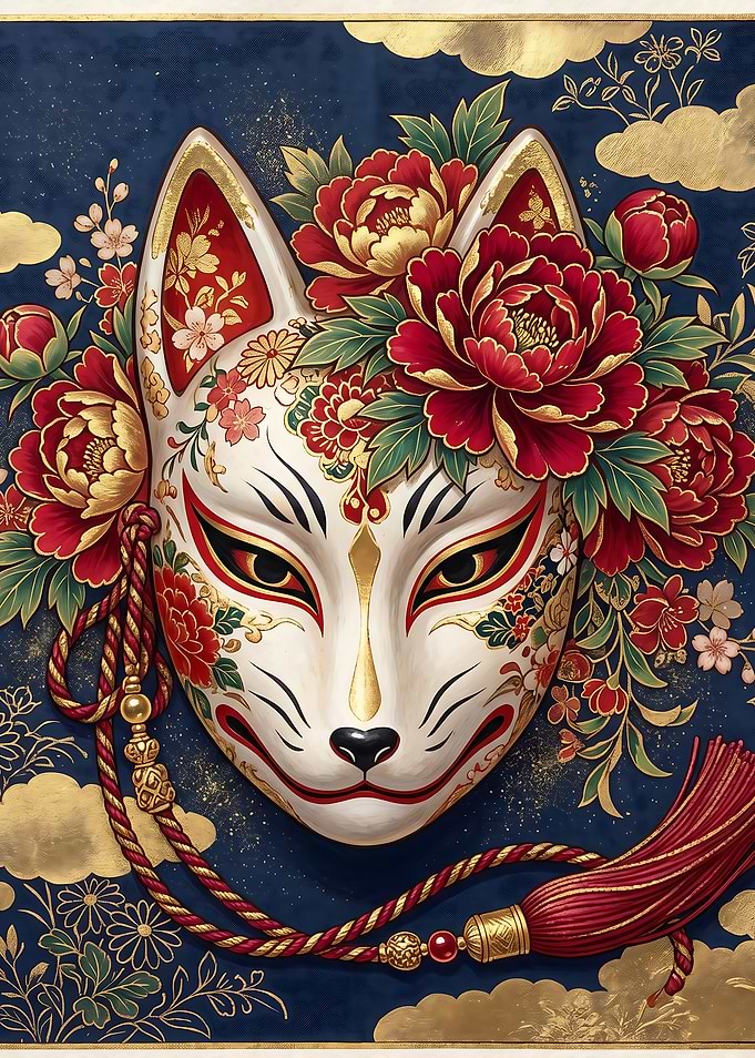 Kitsune Mask with Peonies and Tassels