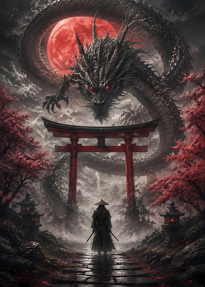 Samurai Facing Dragon Under Red Moon
