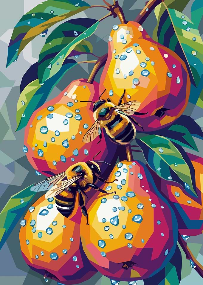 Bees on Pears with Water Droplets