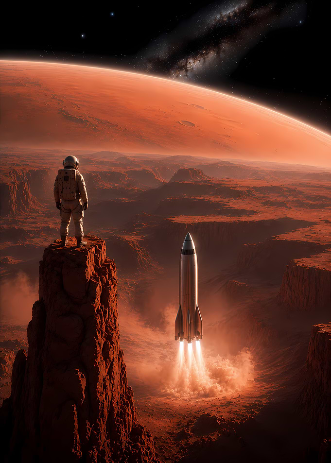 Astronaut on Mars with Rocket Launch