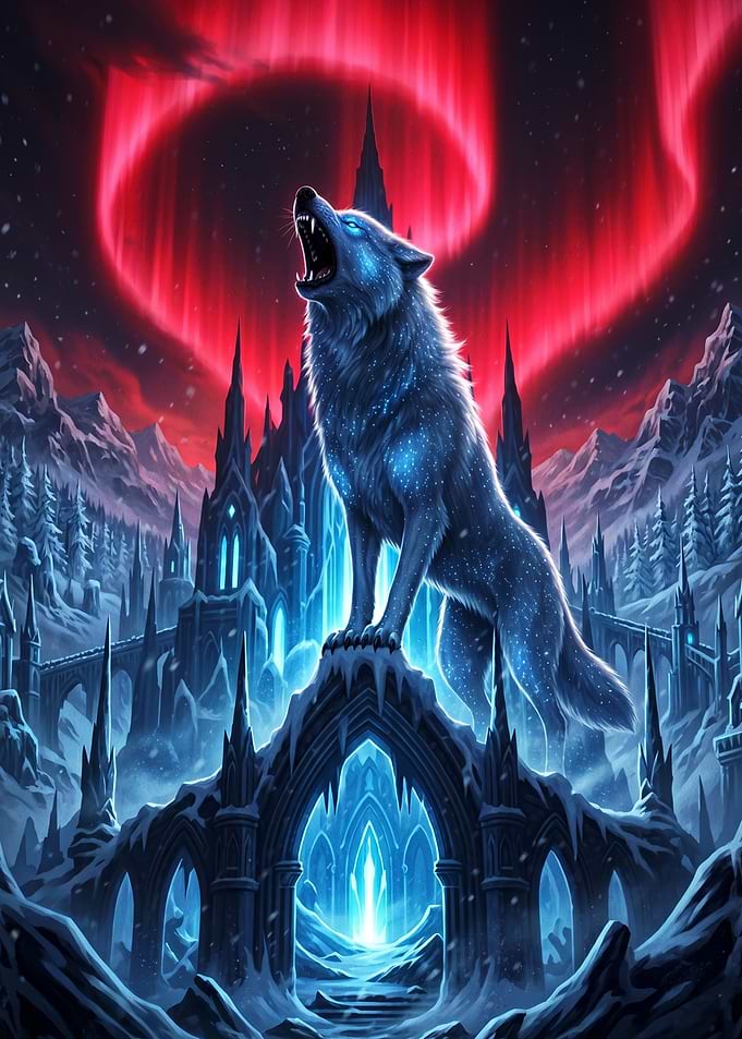 Wolf Howling Under Aurora