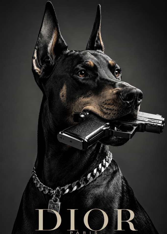Doberman with Dior collar and gun