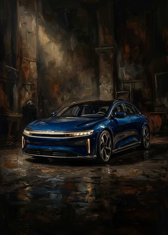 Blue Lucid Air Sedan in Moody Setting