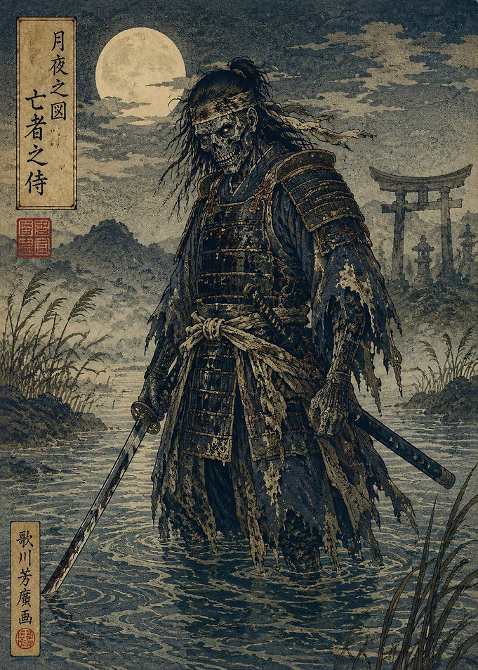 Undead Samurai in Moonlit Water