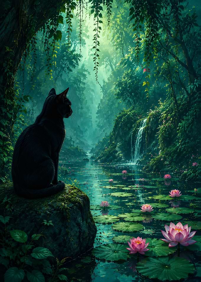 Black Cat in a Lush Forest