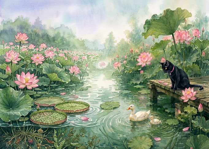 Black Cat Watches Ducks in Lotus Pond