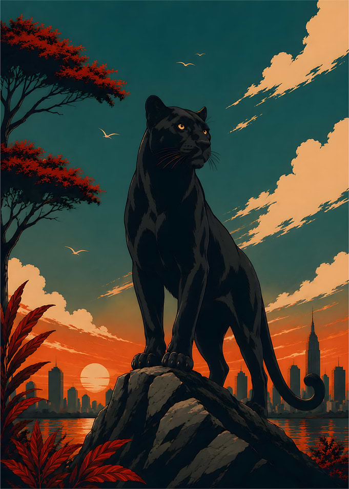 Black Panther Overlooking Cityscape at Sunset