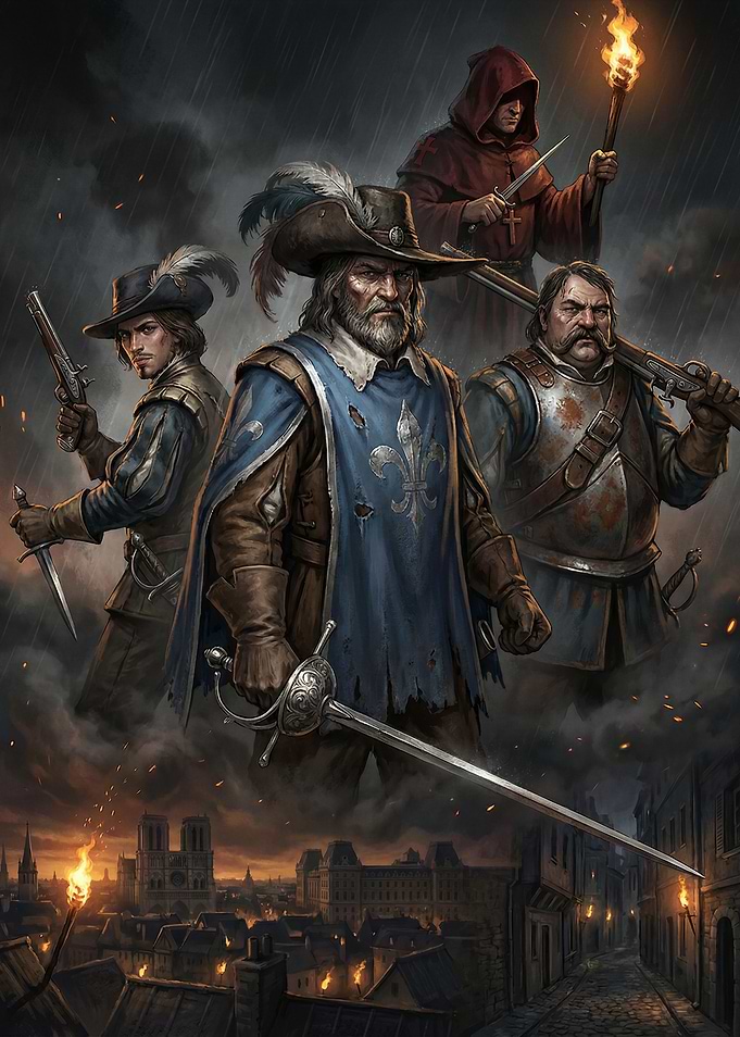 Musketeers in a Rainy Cityscape