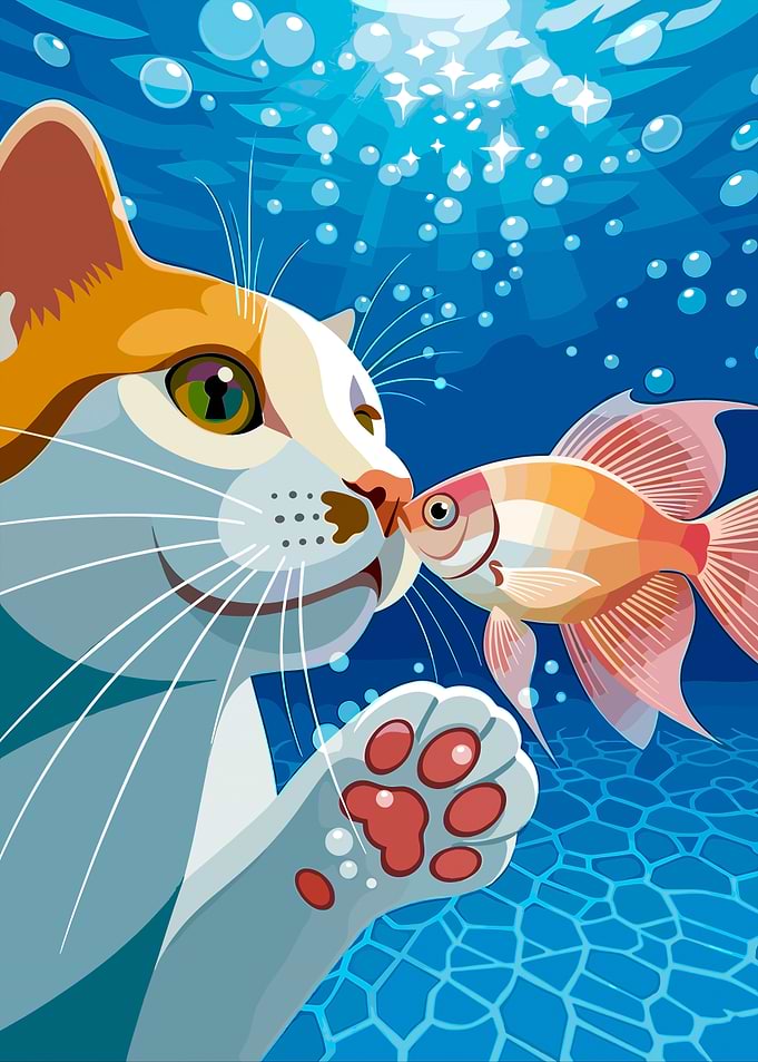 Cat and Goldfish Underwater