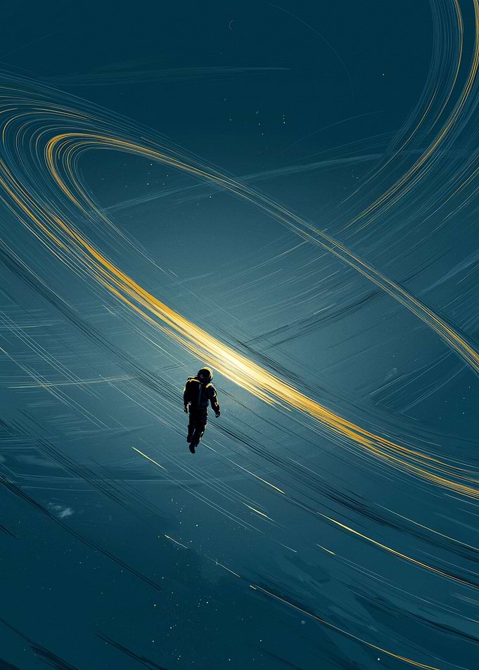 Astronaut floating in space with glowing rings
