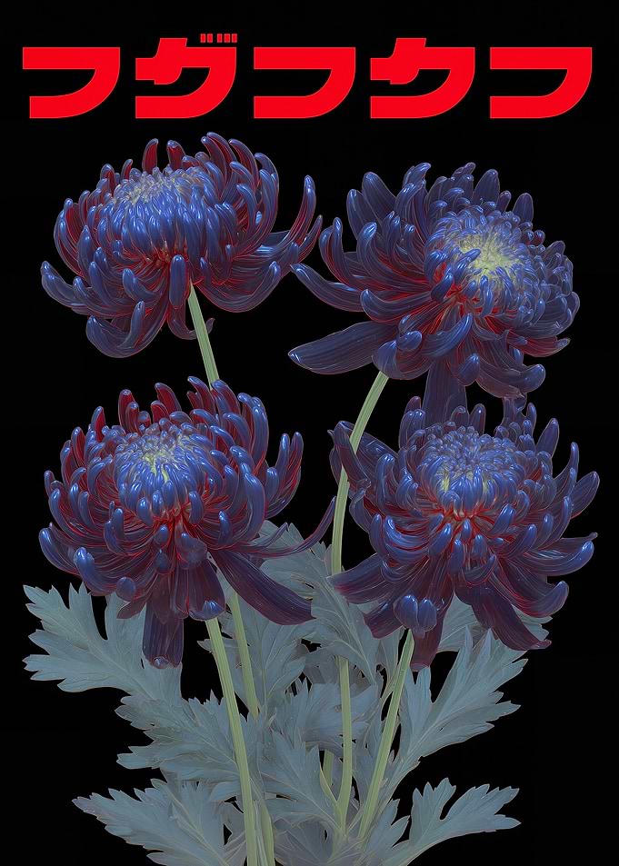 Dark Chrysanthemums with Japanese Text