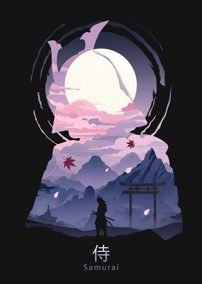 Samurai Silhouette Under a Full Moon
