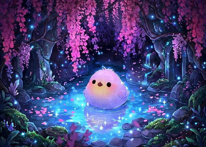 Cute Bird in Magical Forest Pond
