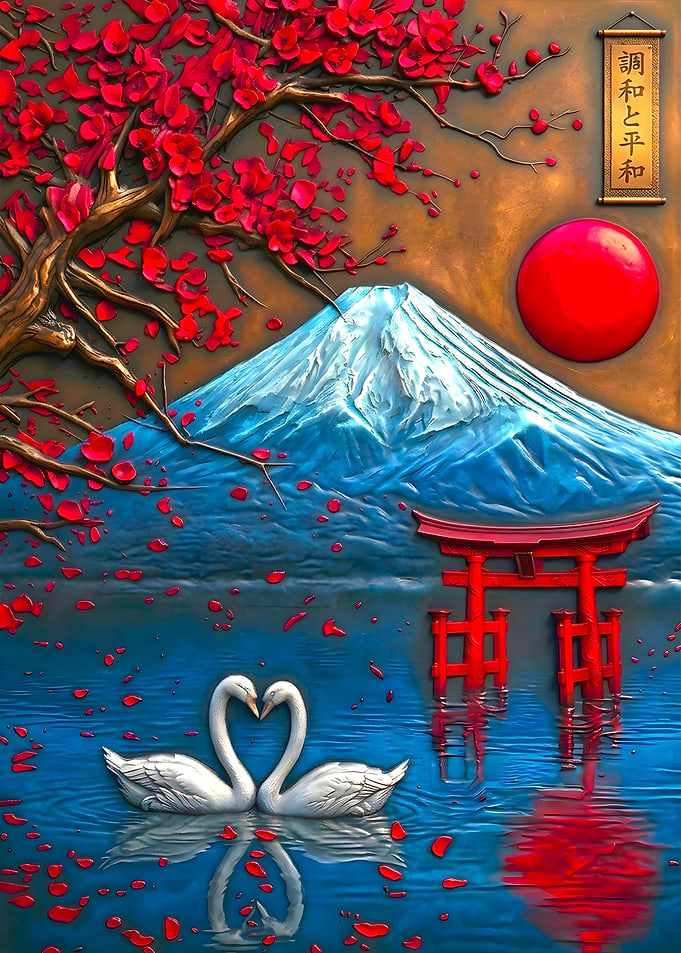 Japanese Landscape with Swans and Cherry Blossoms