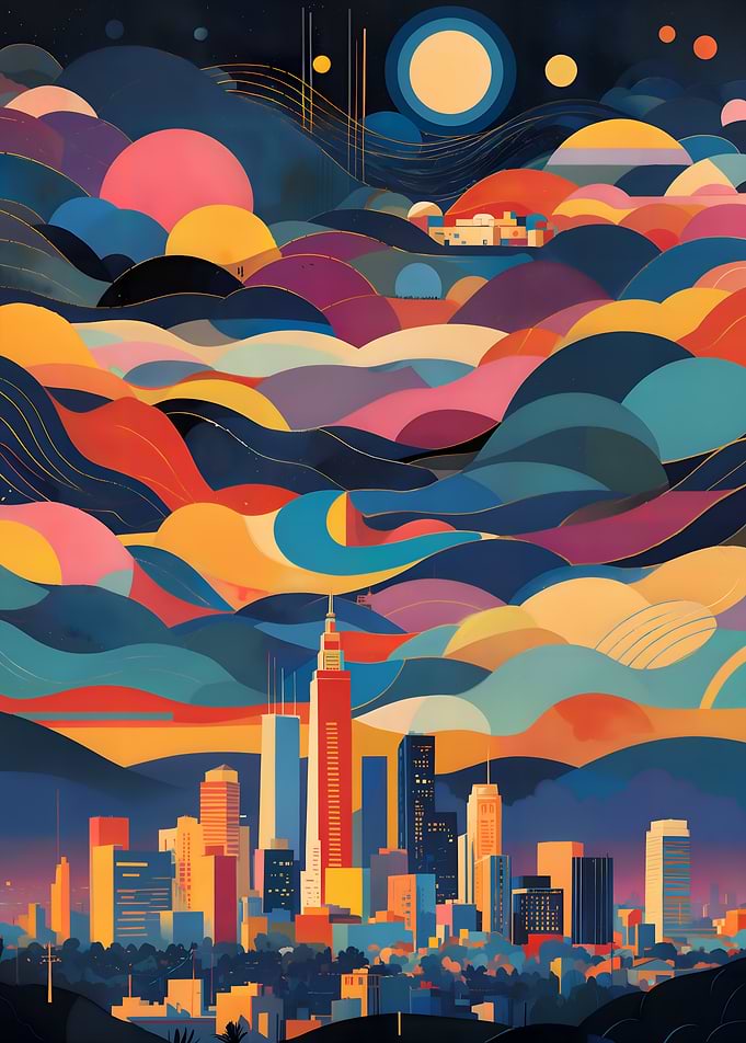 Abstract Cityscape with Colorful Sky