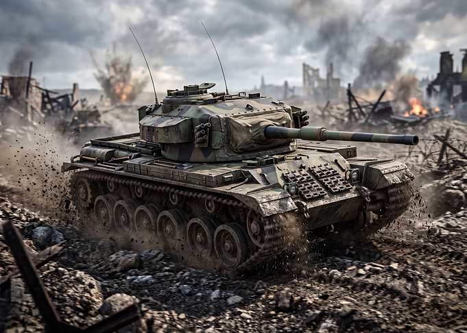 Tank in a War-Torn Landscape