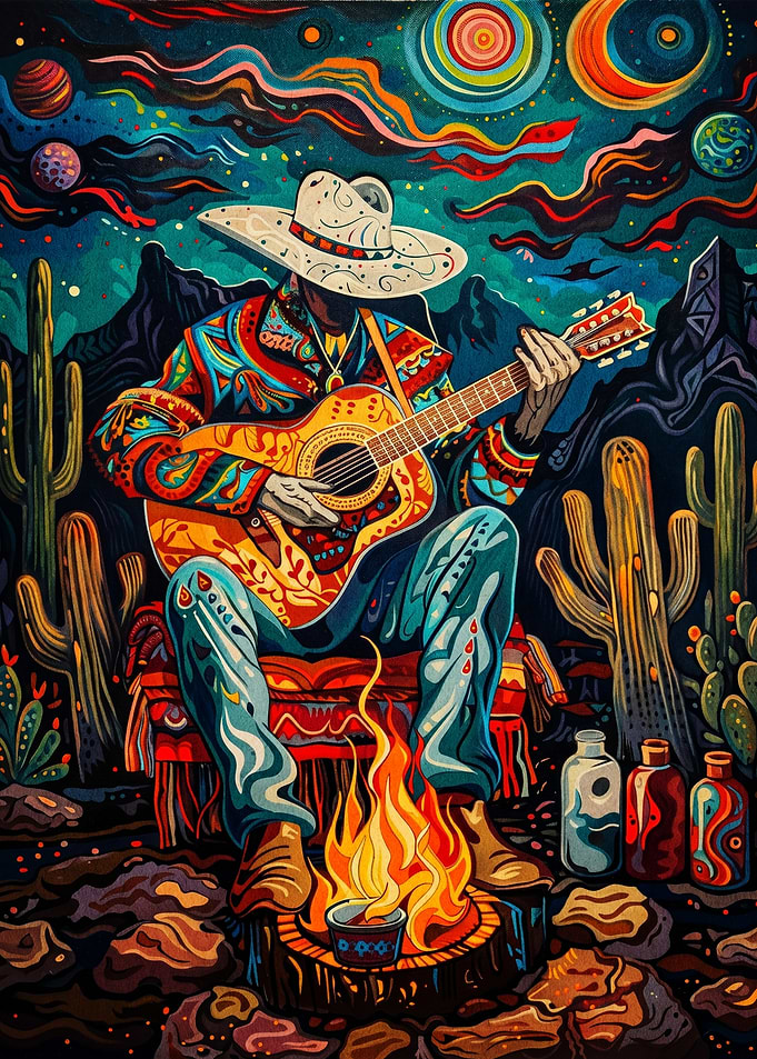Musician Playing Guitar by Campfire
