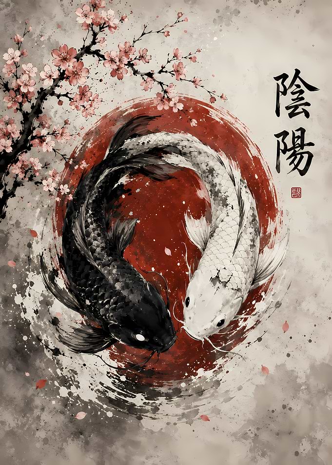 Yin Yang Koi Fish with Cherry Blossoms