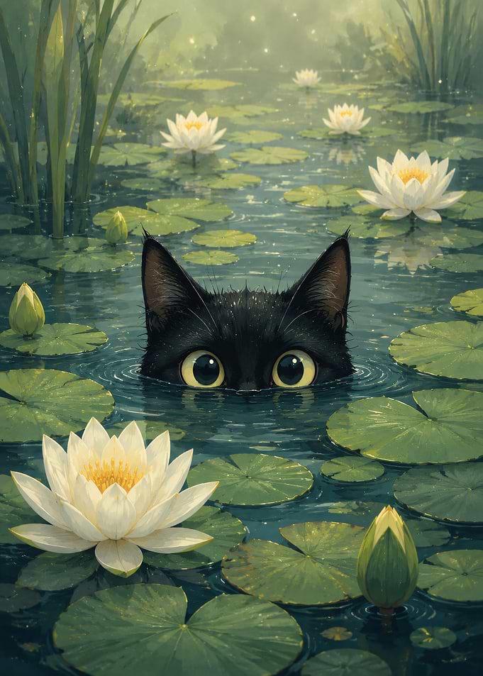 Black Cat Peeking from Water Lilies