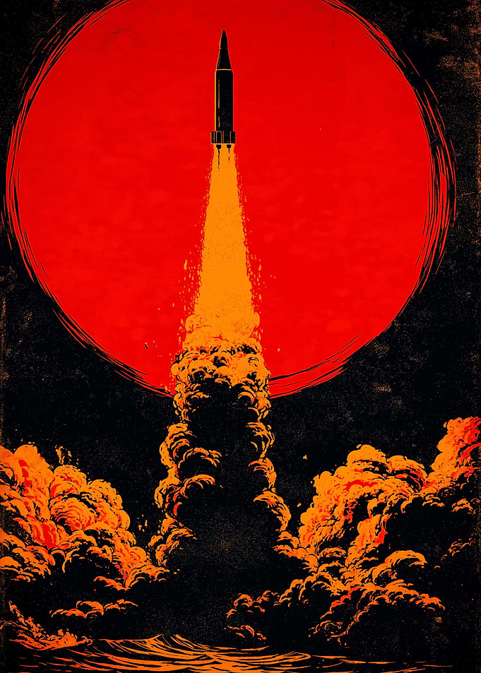 Rocket Launch Against Red Sun
