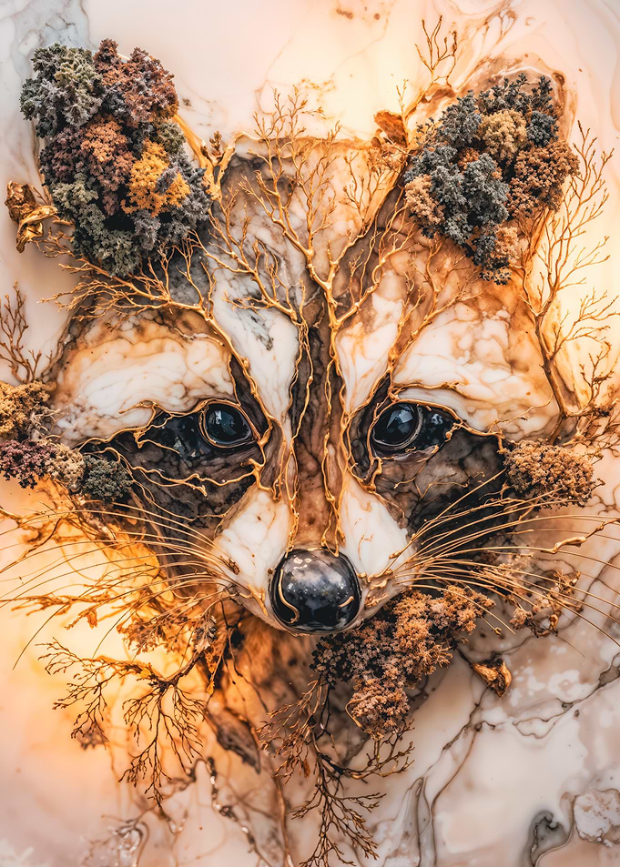 Marble Raccoon Head with Gold