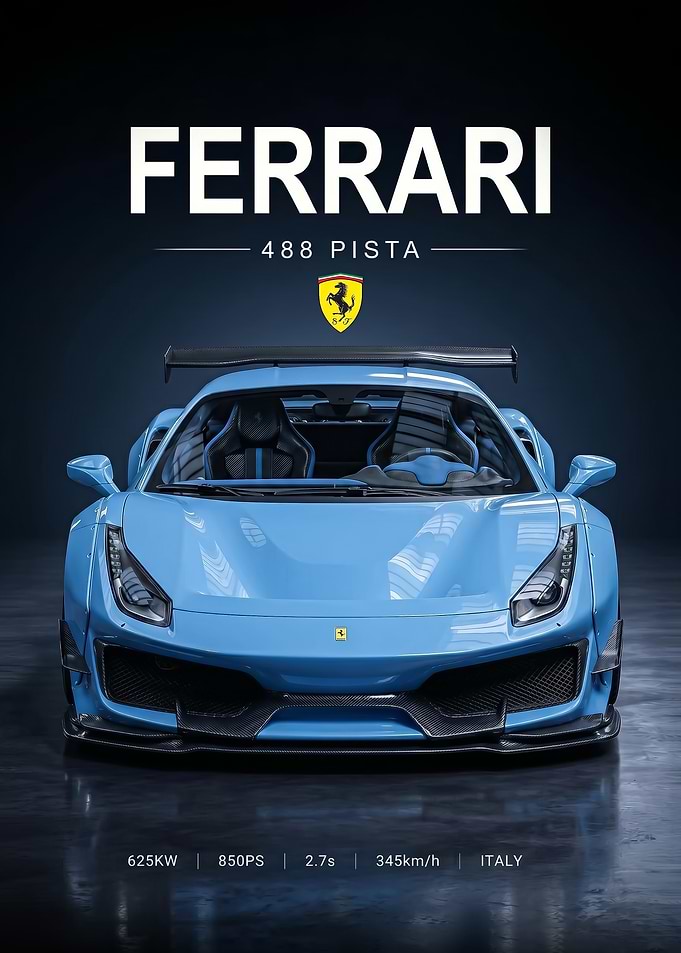 sleek blue Ferrari 488 Pista Poster