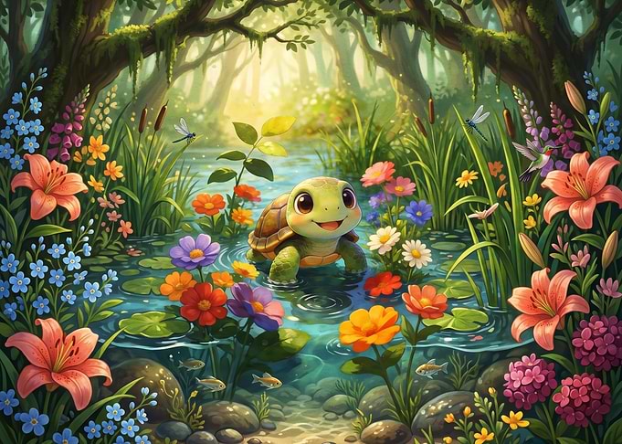 Cute Turtle in a Flower Pond