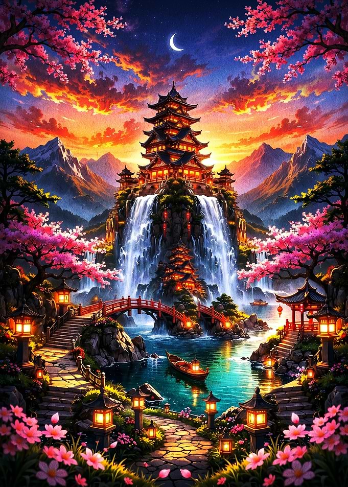 Enchanting Japanese Pagoda Waterfall Landscape