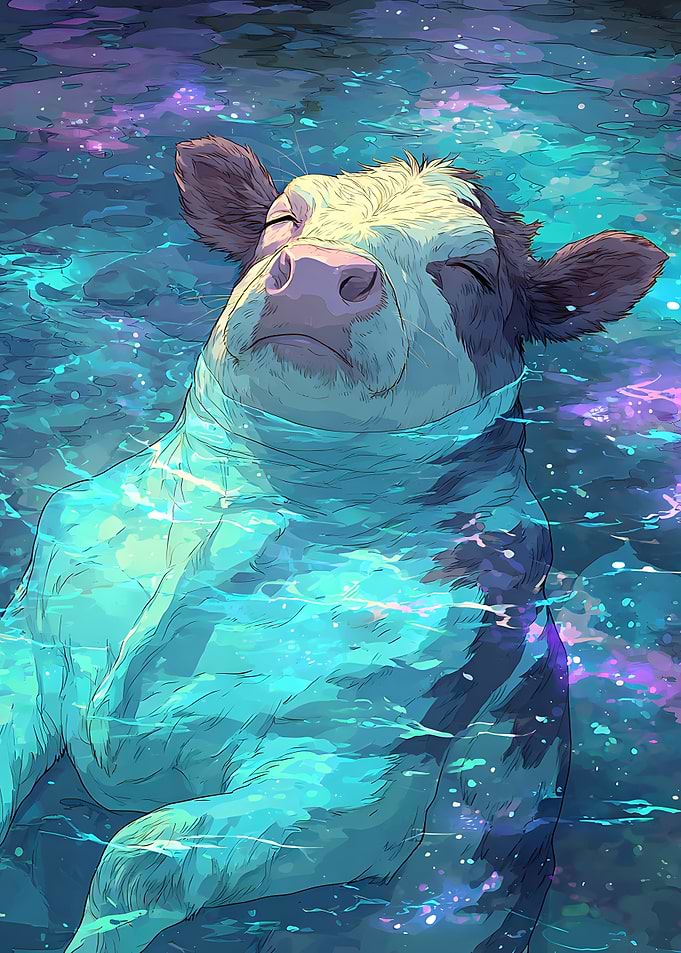 Cow floating and sleep in cosmic water