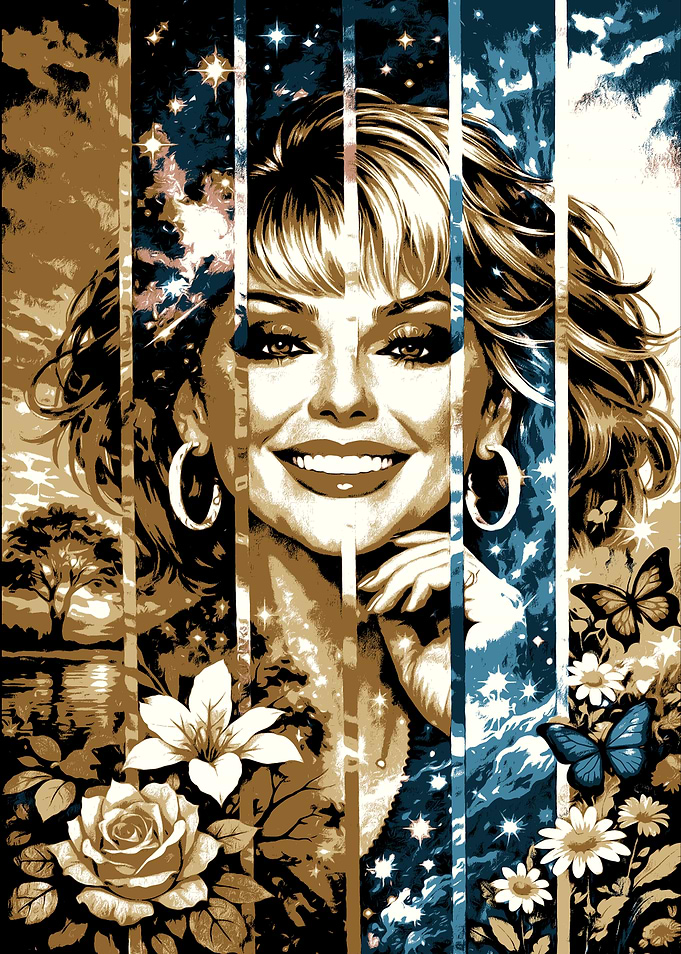 Glamorous Woman with Floral and Butterfly Accents