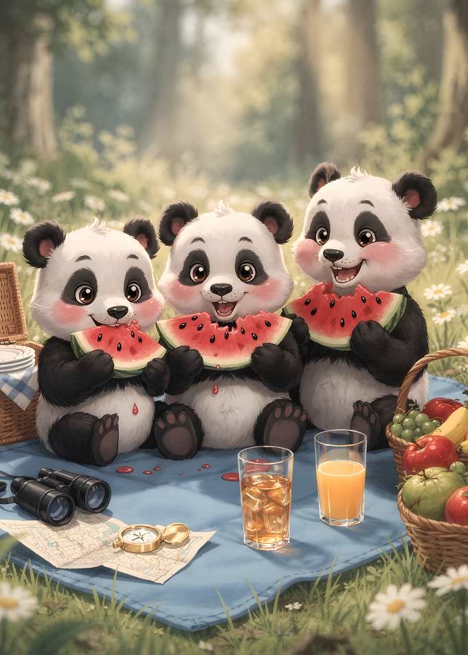 Three pandas enjoying a picnic with watermelon