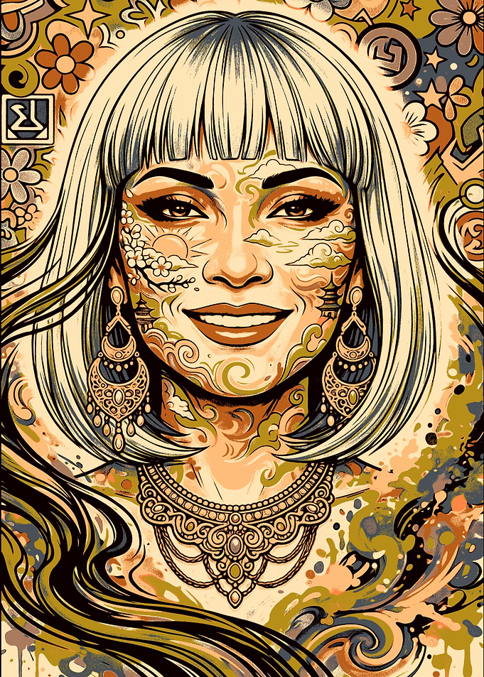 Stylized Portrait with Floral and Landscape Elements