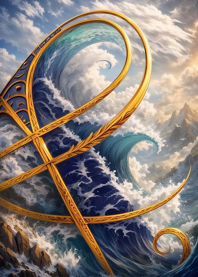 Golden Ornate Structure Over Crashing Waves – Abstract Fantasy #151