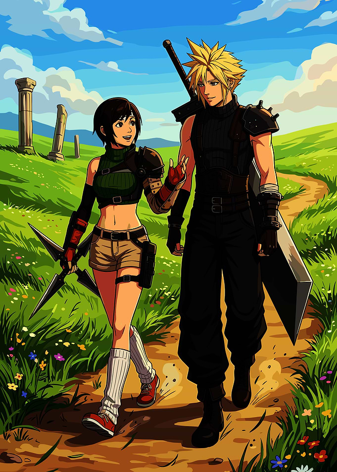 Cloud and Tifa walking in a field