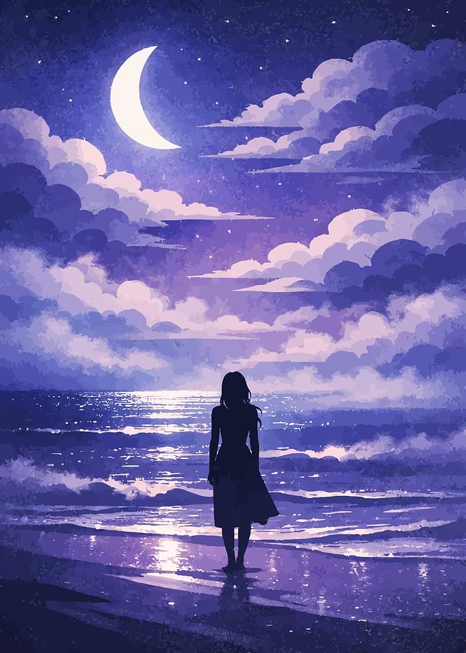 Woman on beach under crescent moon