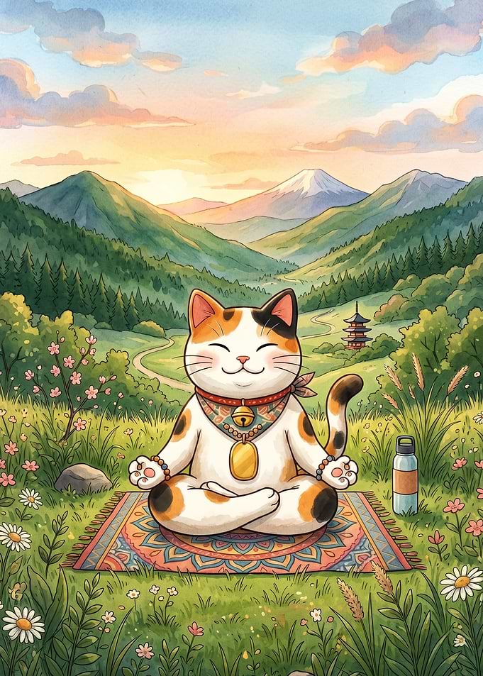 Zen Cat Meditating in Japanese Landscape
