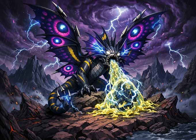 Dragon breathing lightning in a storm