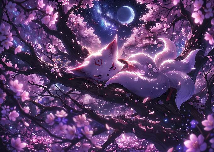 Kitsune Sleeping Among Cherry Blossoms