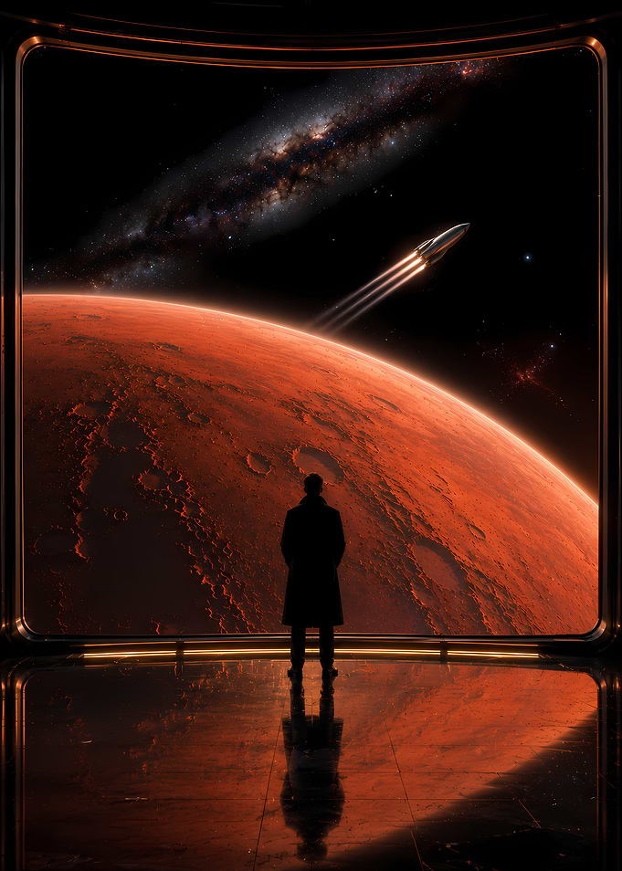 Man Gazing at Mars and Spaceship