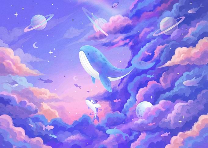 Whales and Planets in a Dreamy Sky