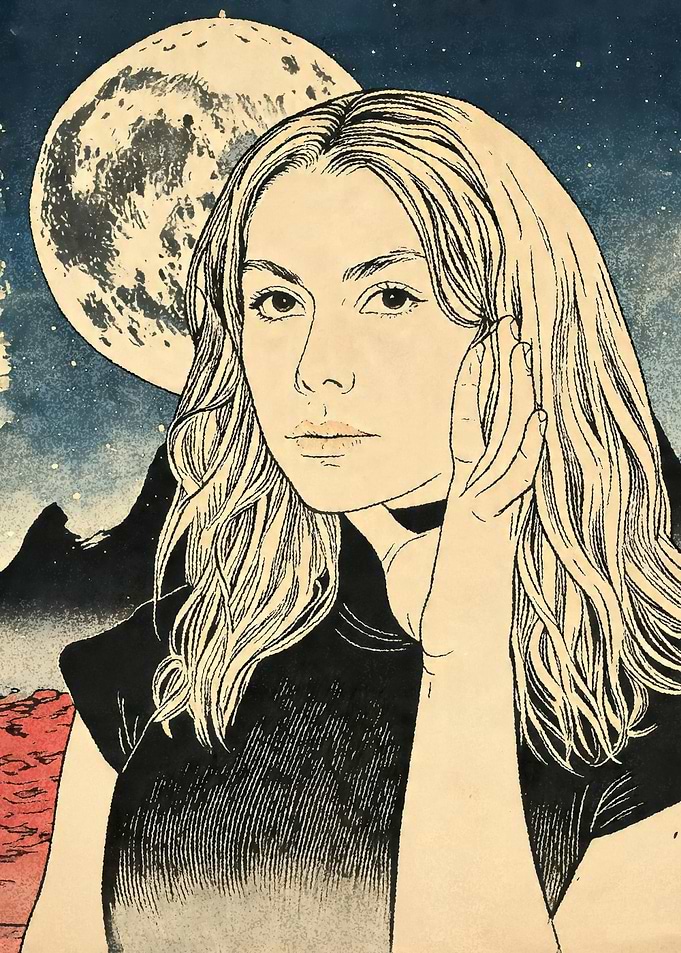 Woman in front of moon and mountains