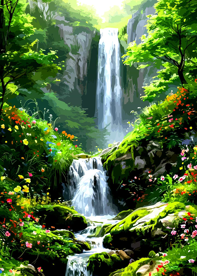 Enchanting Waterfall with Wildflowers