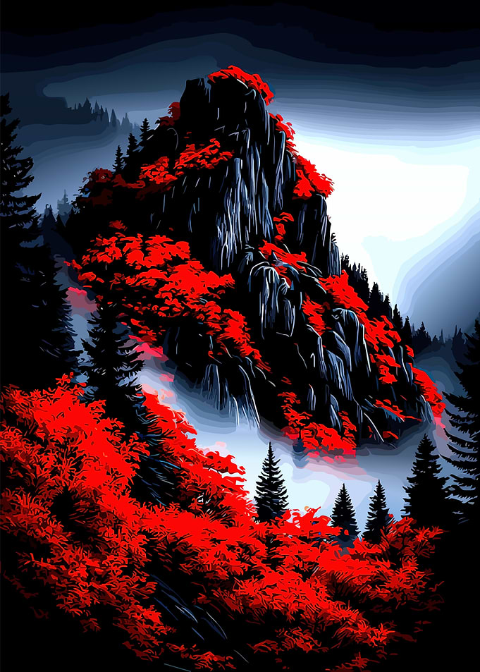 Misty Mountain with Red Foliage