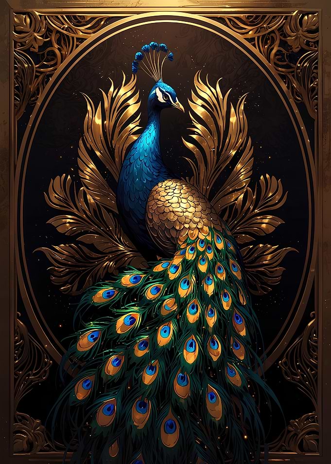 Majestic Peacock with Golden Ornate Frame