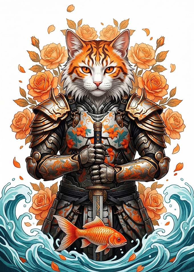 Samurai Cat Warrior with Koi and Roses