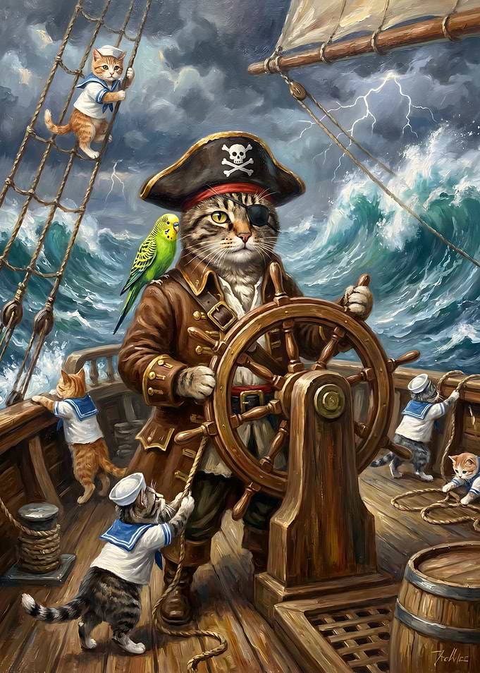 Pirate Cats on a Stormy Sea