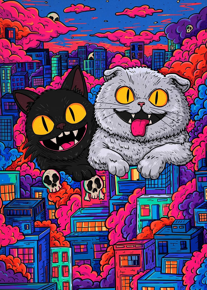 Two cartoon cats in a colorful cityscape
