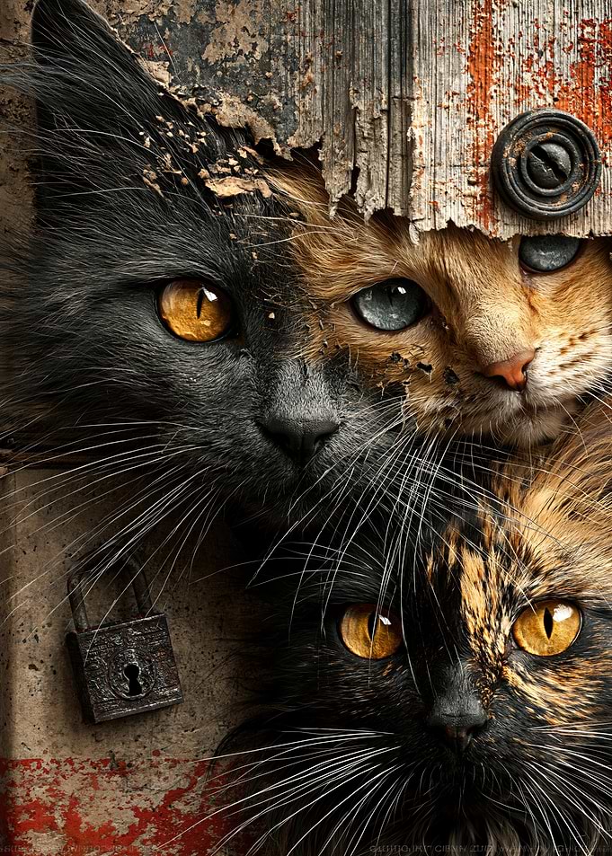 Three Cats Peeking Through Wooden Slats