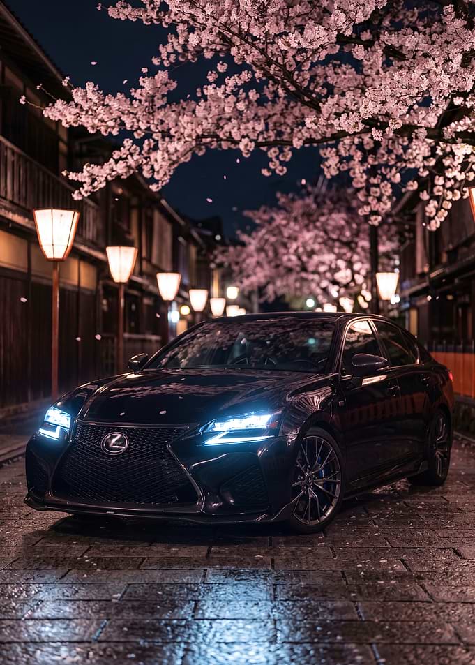 Car Lexus GS F under Cherry Blossoms